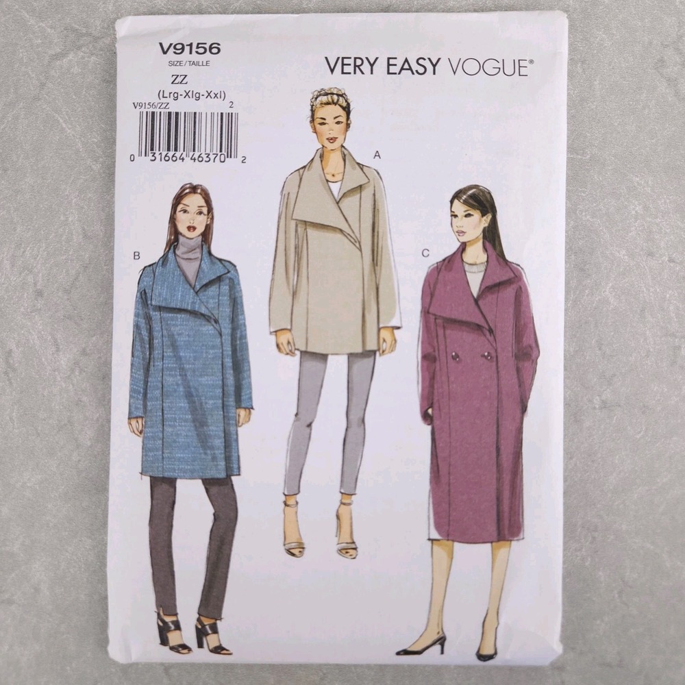 Vogue V9156 Misses Coat Sewing Pattern Very Easy Modern Classic Winter L XL XXL